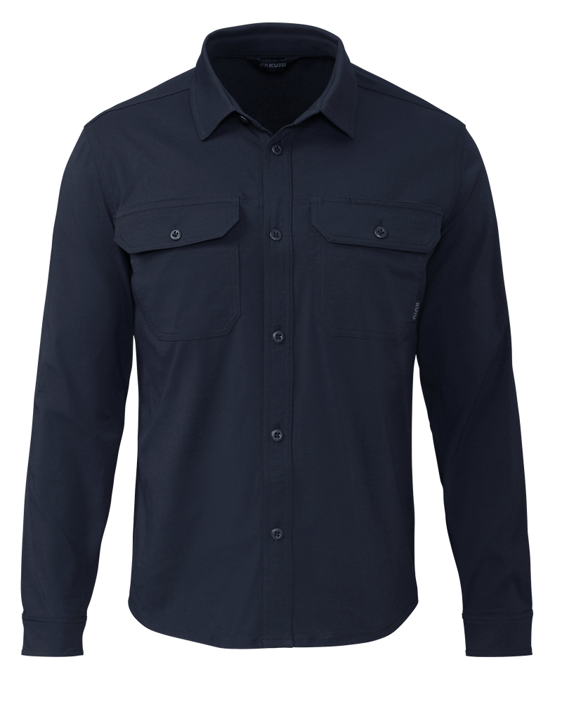 Navy collared button down long sleeve shirt with two button closure chest pockets