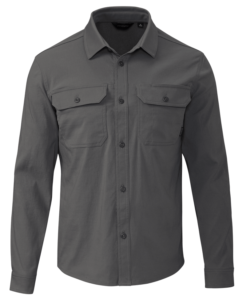 Grey collared button down long sleeve shirt with two button closure chest pockets