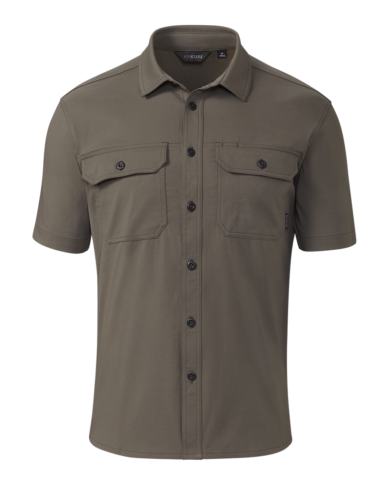 Front of Motive SS Workgrade Shirt in Rodeo Brown