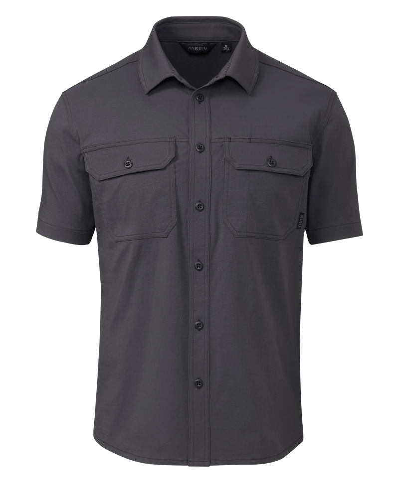 Front of Motive Short Sleeve Shirt in Gunmetal Grey