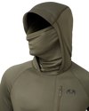 Gila PRO Long Sleeve Hoodie shown in Ash Brown on mannequin highlighting the built-in neck gaiter and fitted hood with visor