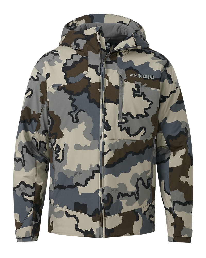 Front of Mountain PRO Hooded Jacket in Vias Camouflage