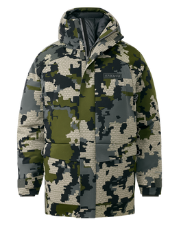 Front of Super Down Arktuk Parka in Verde Camouflage, displaying unzipped chin guard