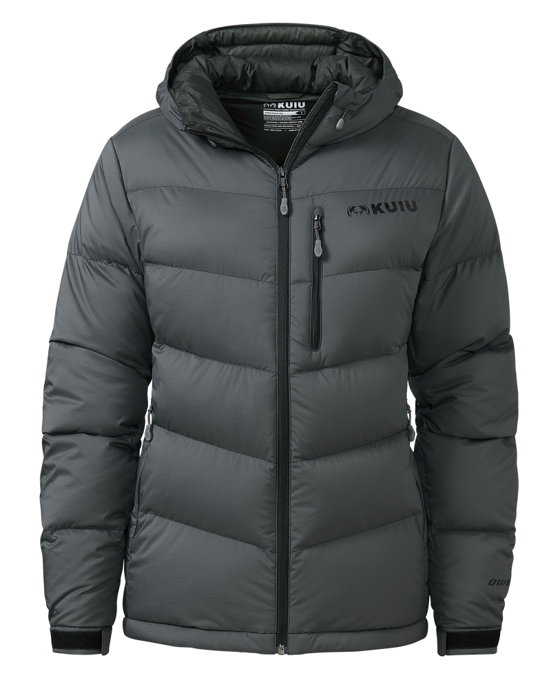 Front of Women's Super Down PRO Hooded Jacket in Gunmetal Grey