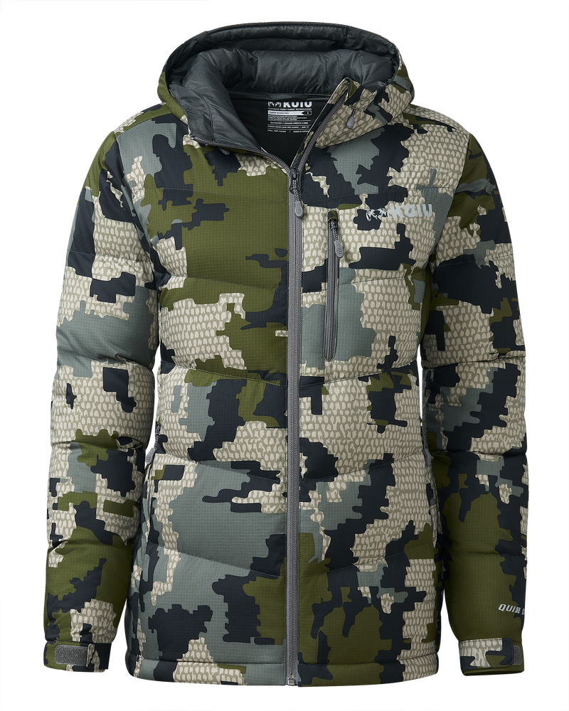 Front of Women's Super Down PRO Hooded Jacket Verde Camouflage