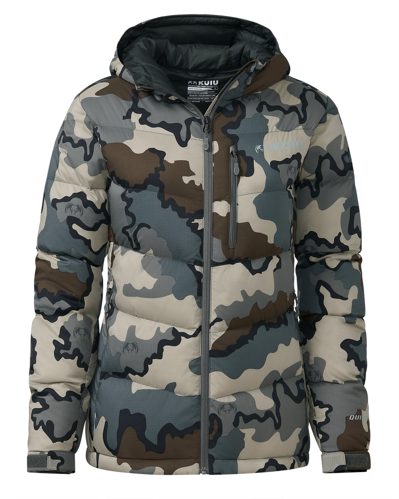 Front of Women's Super Down PRO Hooded Jacket in Vias Camouflage