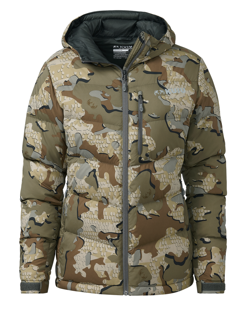 Front of Women's Super Down PRO Hooded Jacket in Camouflage