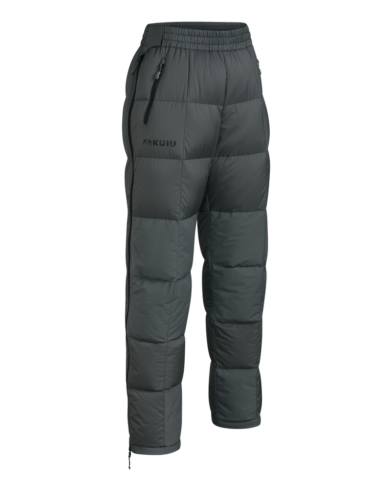 Front angled view of Women's Super Down PRO Pant in Gunmetal Grey
