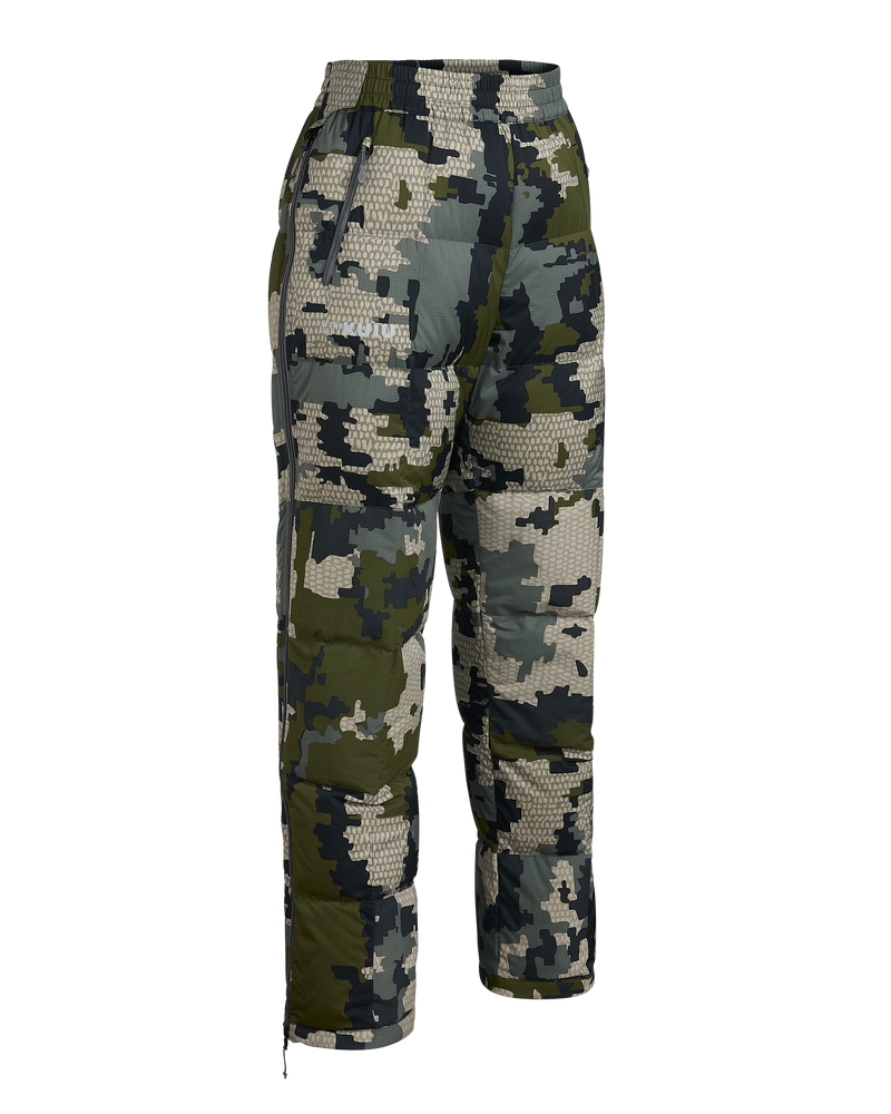 Front angled view of Women's Super Down PRO Pant in Verde Camouflage