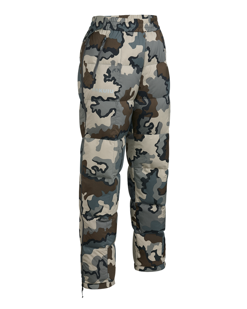 Front angled view of Women's Super Down PRO Pant in Vias Camouflage