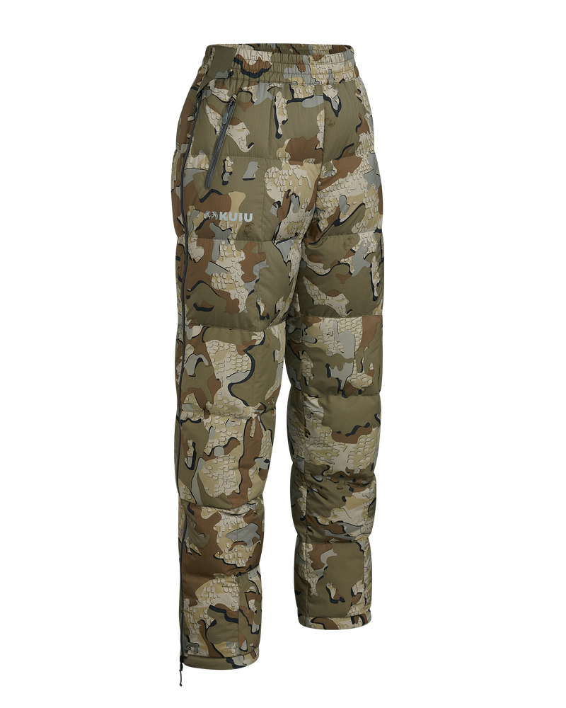 Front angled view of Women's Super Down PRO Pant in Valo Camouflage