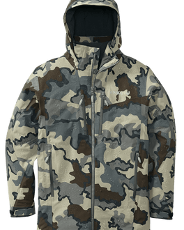 Kutana Gale Force Hooded Jacket in Vias camouflage with water droplets on the fabric to show waterproofness
