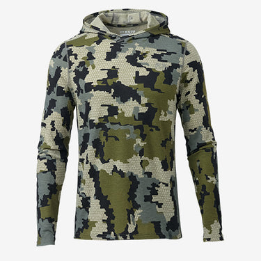 Front of ULTRA Merino Long Sleeve Hoodie in Verde Camouflage