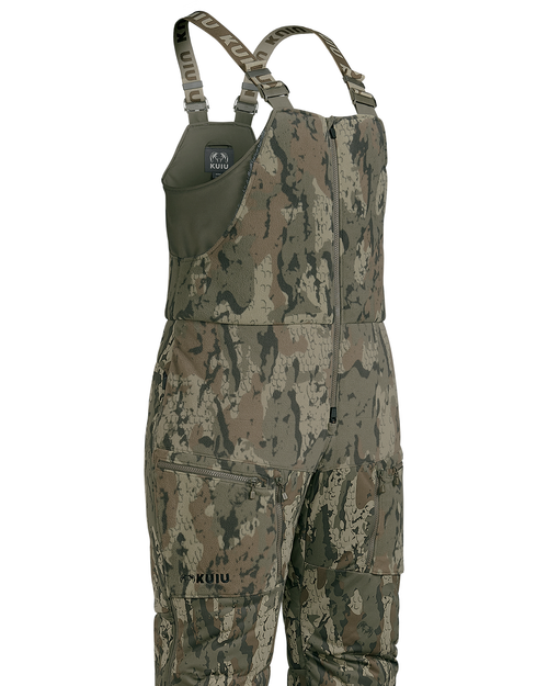 A Veros Super Down Haven Bib with adjustable shoulder straps, a front zipper, and cargo pockets, shown against a plain white background.