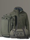KUIU Apline Hooded Jacket in Ash, Waypoint 6500 Roller Luggage, and Runway CORDURA Duffel bag.