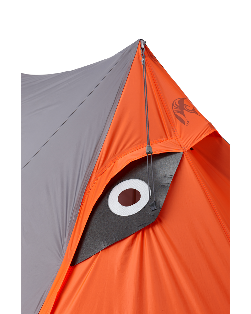 Front, Angled View of Summit Refuge 3 Person Tent in Gunmetal Orange Color Highlighting Optional Stove Jack