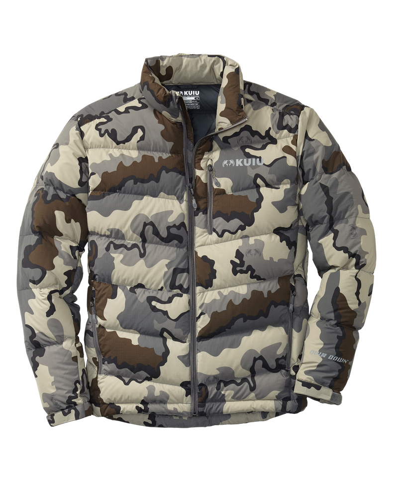 Front of Super Down PRO Jacket in Vias Camouflage