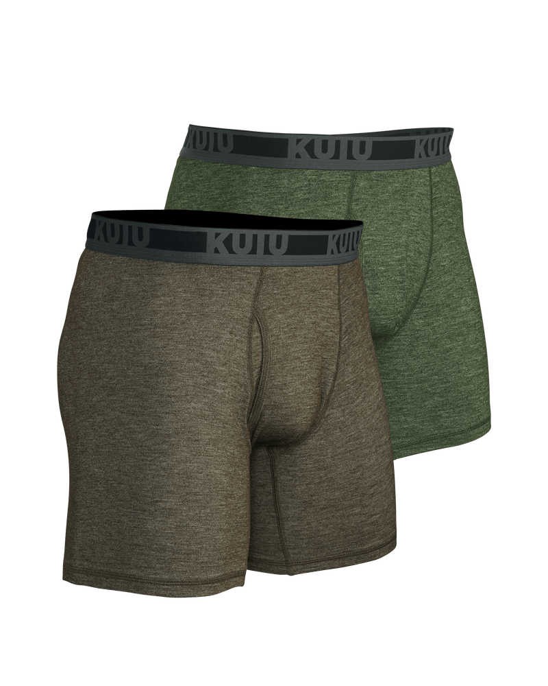 Front of Merino Boxer 2 Pack in Ash and Verde Greens