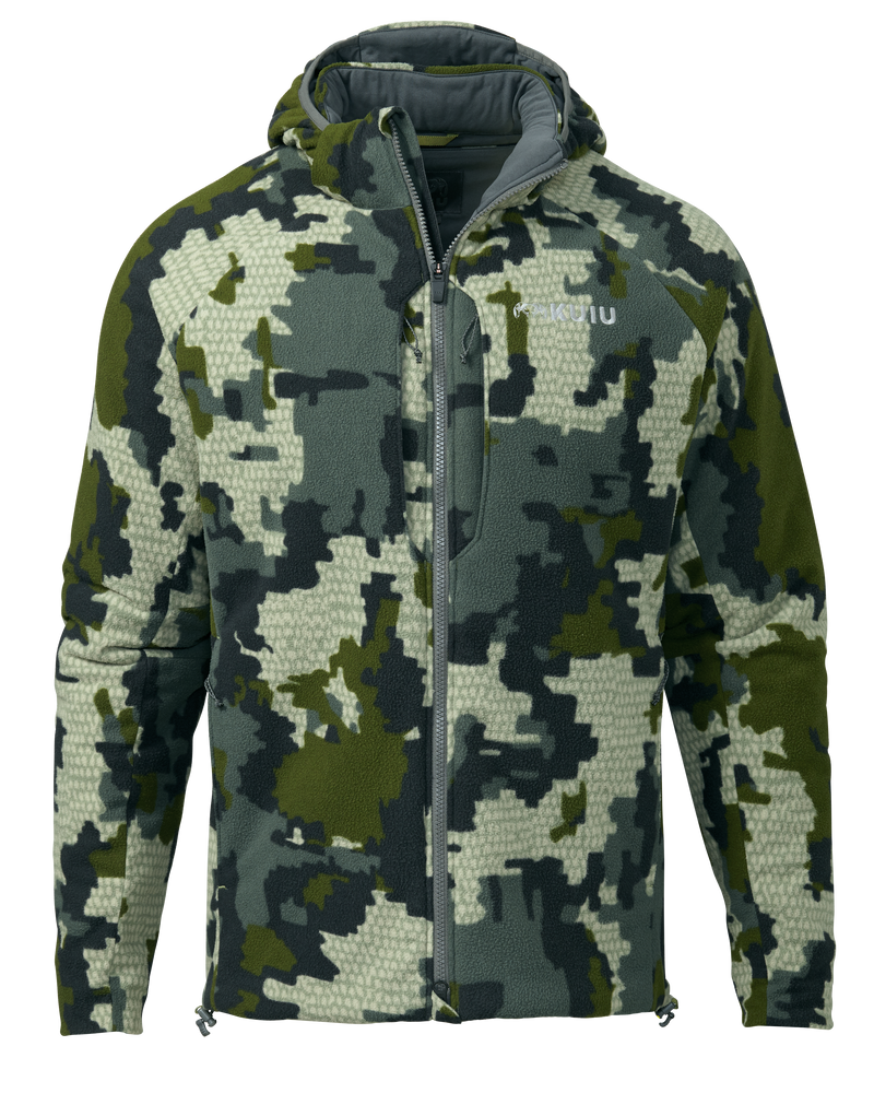 Front of Proximity Hooded Insulated Jacket in Verde Camouflage