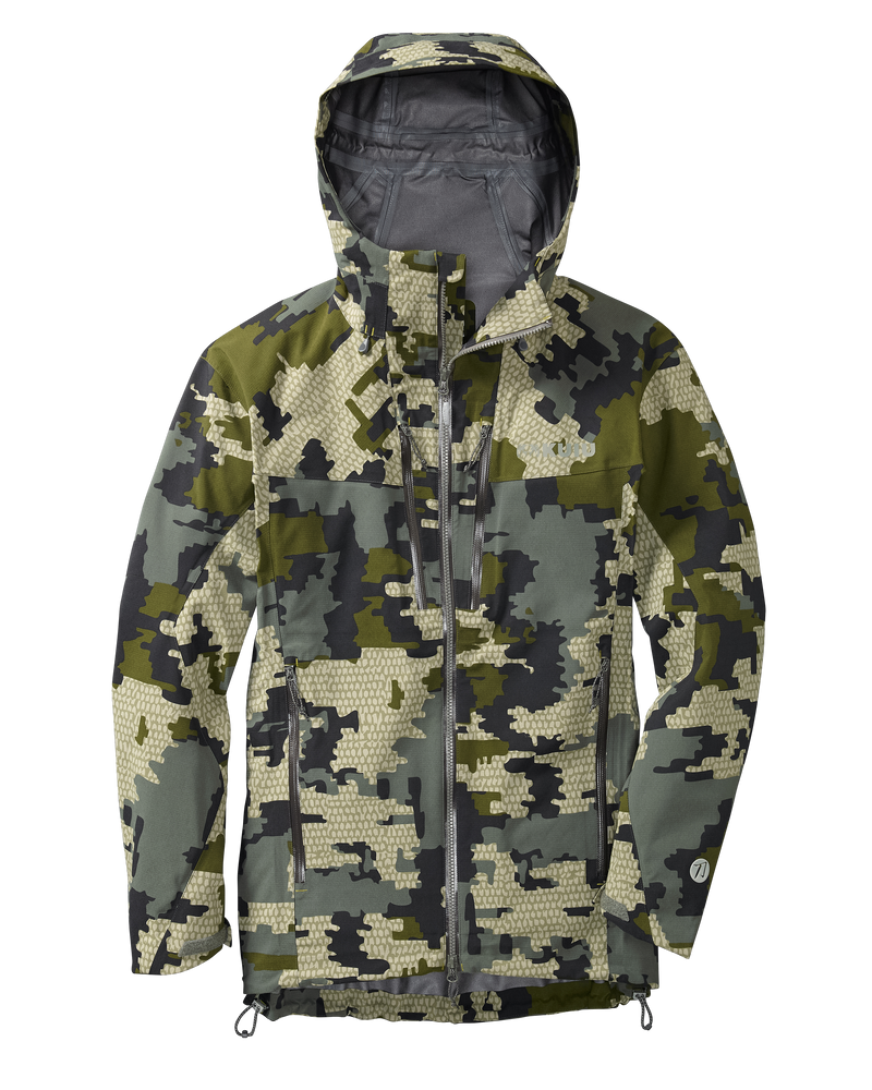Front of Kutana Storm shell jacket in Verde camouflage