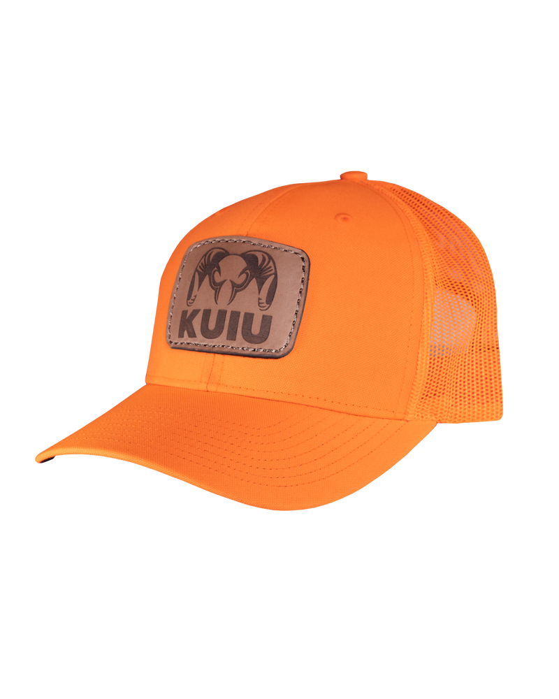 Front of KUIU Retro Mesh Snap Back in Orange with Leather KUIU Logo Patch