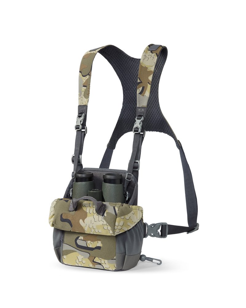 Front, Angled View of Pro Bino Harness in Valo Camouflage Highlighting Forward Folding Lid