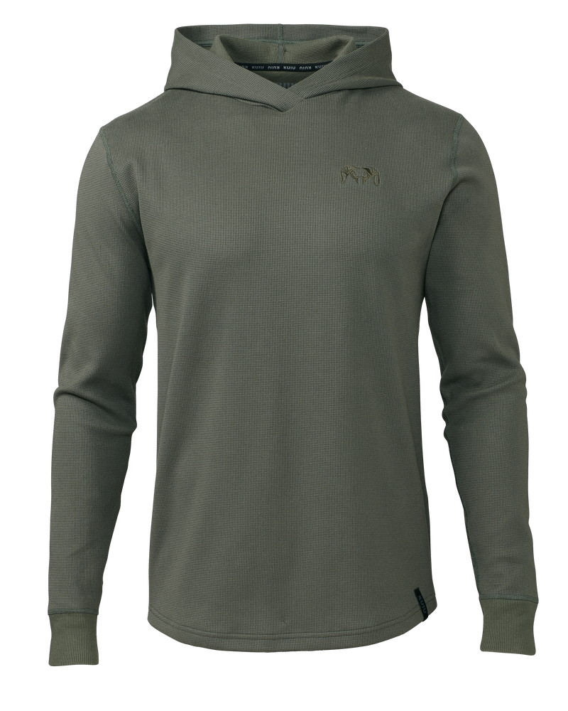 Front of Base Camp Waffle Knit Hooded Tee in Olive
