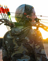 Back of female hunter with compound bow across back of shoulders wearing Women's Gila LS Hoodie in Valo Camouflage